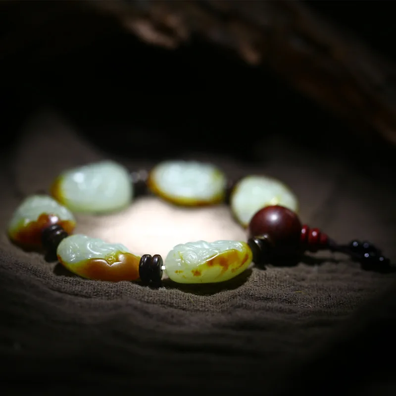 Jade Pebble God of Wealth Wholesale Men's and Women's Date Red Skin Hetian Bracelet