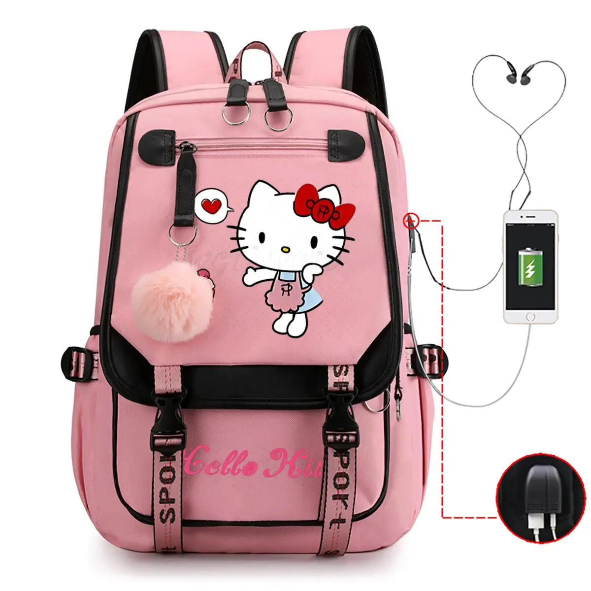 

Cute Hello Kitty School Backpacks Women Girls USB Charging Bags Large Capacity Laptop Children Teeneger Backpack Travel Bag