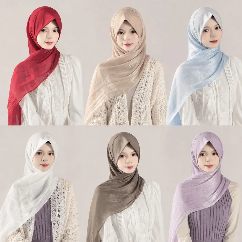 Easy Match Crinkled Texture Women Hijab Scarf Pull On Lightweight Pull On Head Wrap Breathable Colorful Muslim Veil Travel