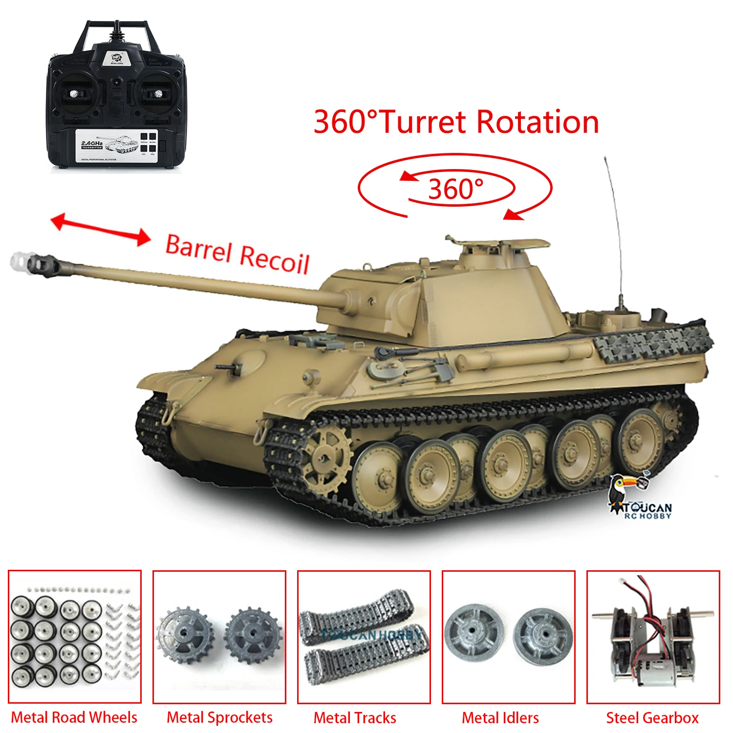 New Heng Long 1/16 Scale RC Tank 3879 Yellow 7.0 Panther G RTR Metal Tracks Wheels Toy Model Gifts
