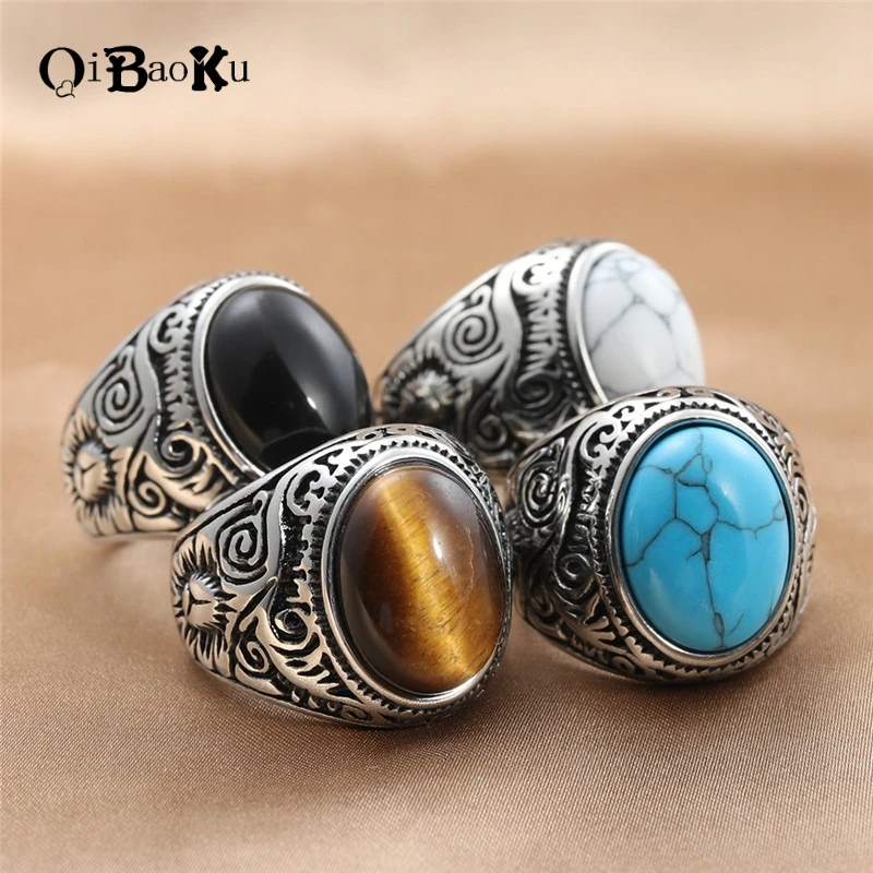 

QIBAOKU New Retro Ring Titanium Steel Natural Turquoise Tiger Eye Stone Ring Trendy Men's Personalized Punk Stainless Steel Ring