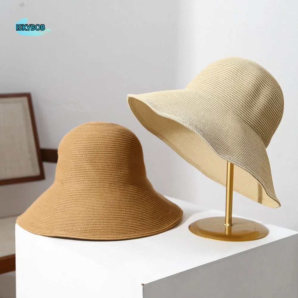 

Casual Solid Color Wide Brim Straw Hat Breathable Korean Style Weave Bucket Hat Simple Lightweight Beach Hat Women Girls