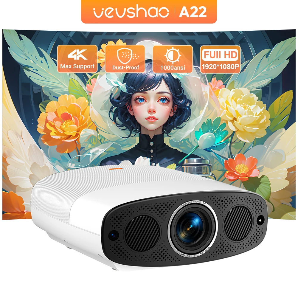 

VEVSHAO Full HD Projector A22 4K Video Smart TV for Home WIFI 1080P 1000 Lumen Projectors Media Video Player Smart Beamer