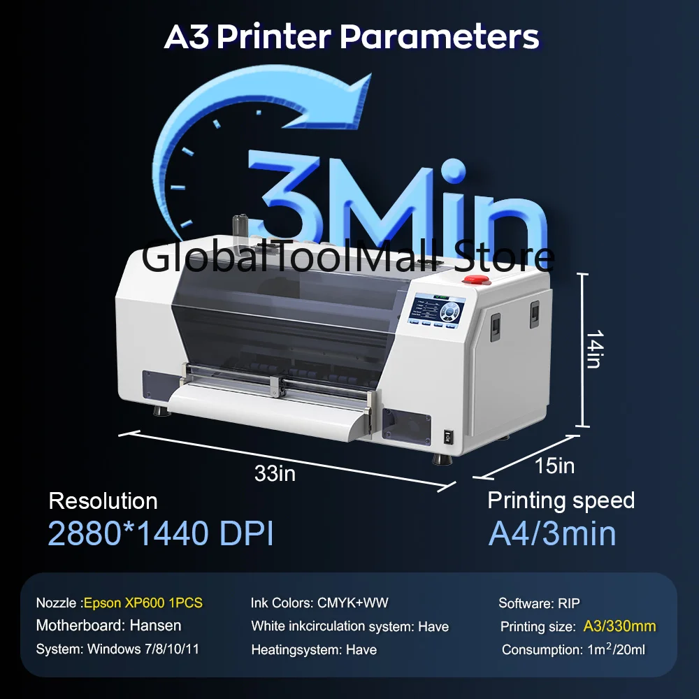 US Warehouse Stock XP600 Print Head A3 DTF Printer High Resolution for Vibrant, Scratch-Resistant Transfers on Multiple Fabrics