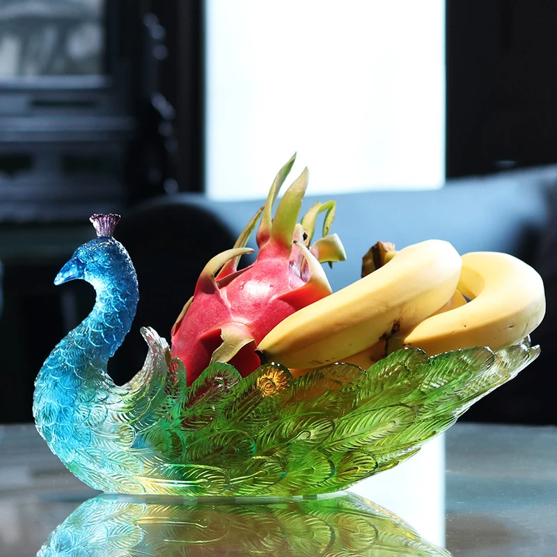 Gorgeous Colored Glaze Peacock Fruit Plate Luxury Crystal Delicate Bird Dish Snack Tray Nut Glass Bowl Table Home Decoration