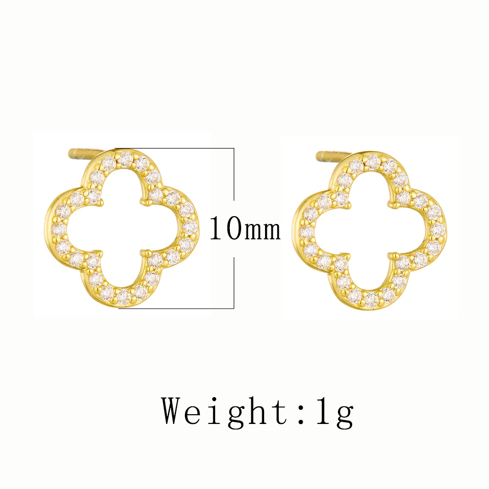 925 Sterling Silver 14K Gold & Rhodium Plated Hollow Four Leaf Clover Outline CZ Stud Earrings Dainty Lucky Daily Jewelry
