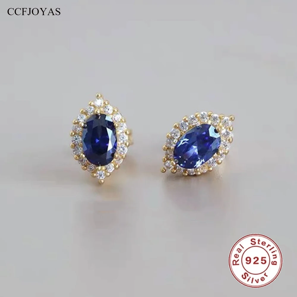 

CCFJOYAS 925 Sterling Silver Vintage Stud Earrings French Style Royal Blue Spinel Studs 18k Gold Plated Women Fine Wedding Jewel