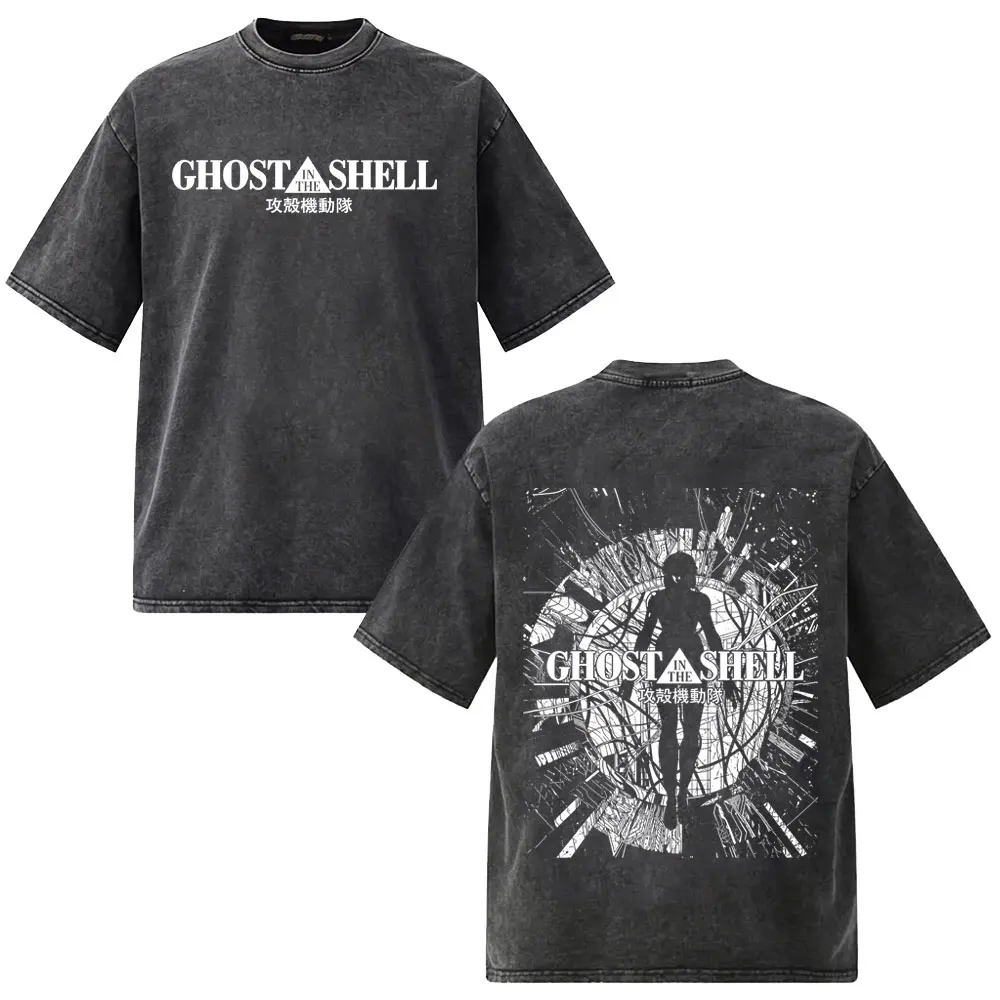 Gewaschenes Vintage Anime Ghost in The Shell T-Shirt Cartoon Motoko Kusanagi Grafik T-Shirts Herren Damen Manga Retro Oversized T-Shirt – Detail 6