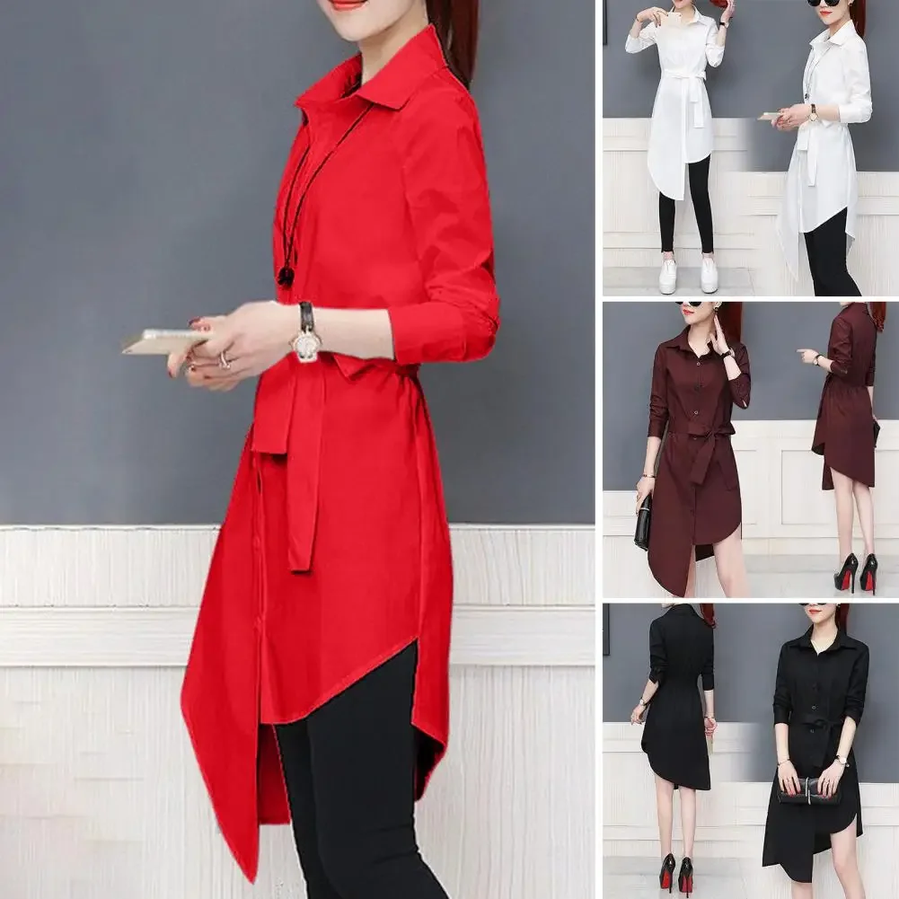 

Women Shirt Long Sleeve Irregular Tied Belts Lady Shirt Loose Commute Mild-length Dressing Up Polyester Lady Blouse For Female