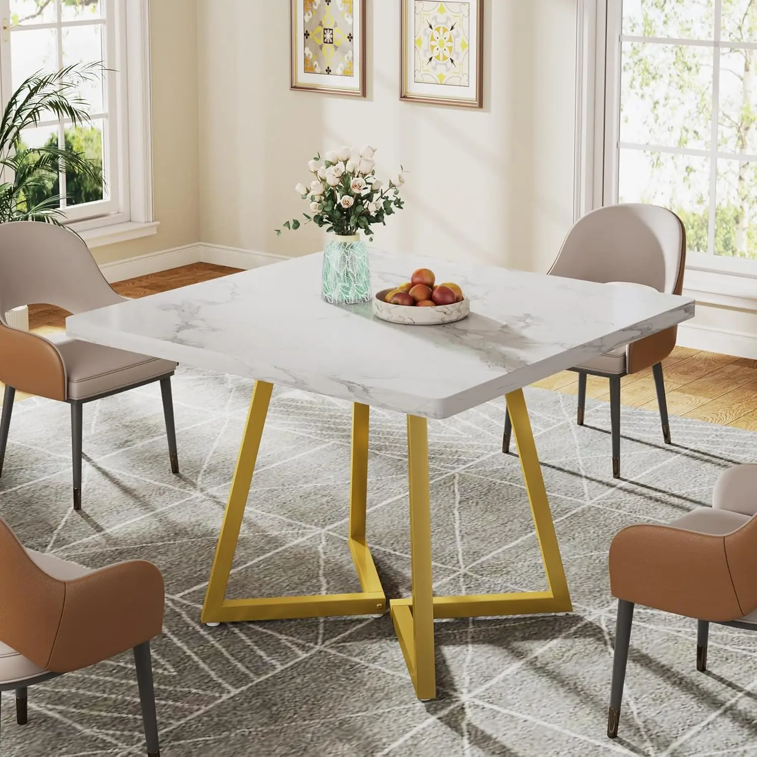 Modern 31.5' Square Dining Table for 2, White & Gold Metal Base, Small Space Kitchen or Apartment Use
