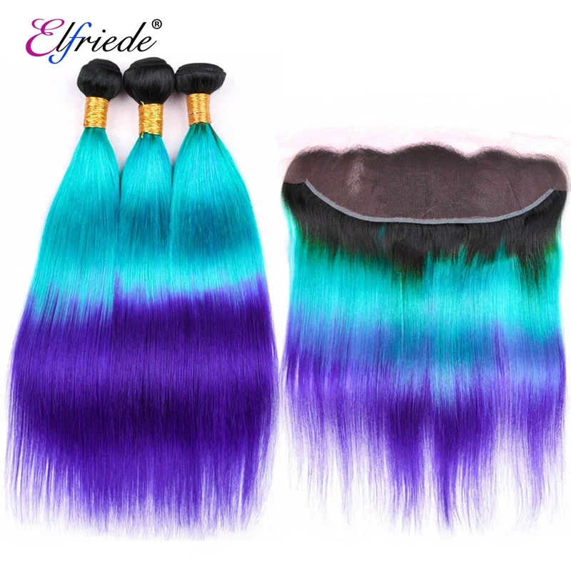 Elfriede 1B/Light Blue/Blue Straight Ombre Colored Hair Bundles with Frontal 100% Human Hair 3 Bundles with Lace Frontal 13x4