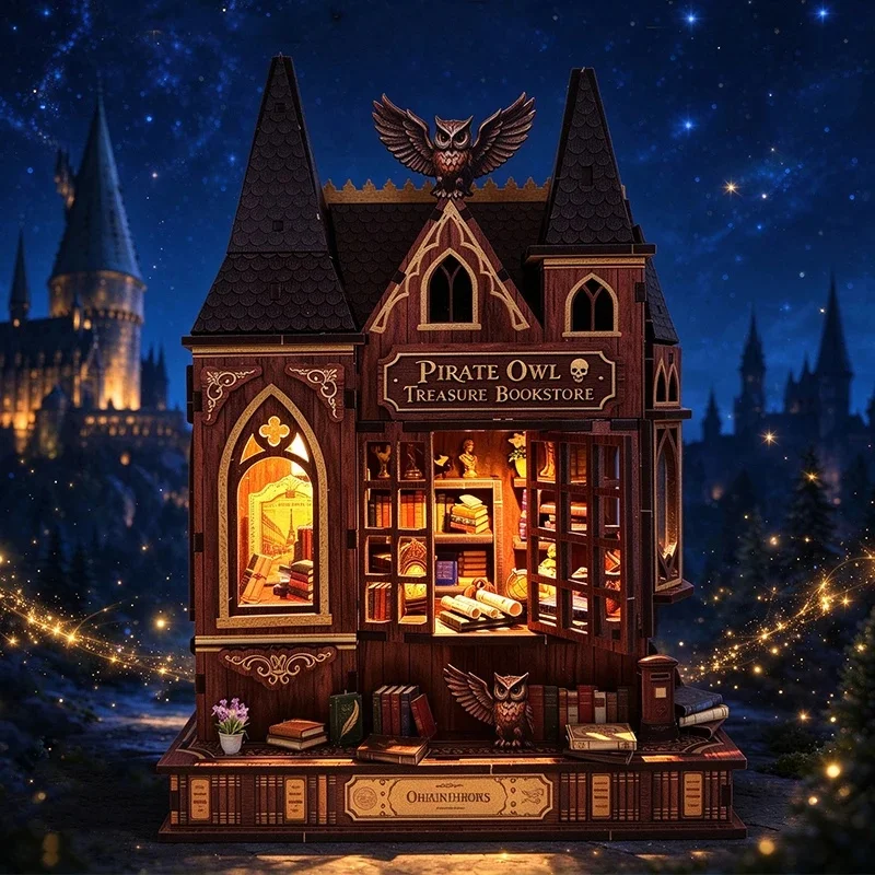DIY Wooden Miniature Model Kits Pirate Owl Treasure Bookstore Cottage 3D Puzzle With Furniture for Friends Birthday Gifts