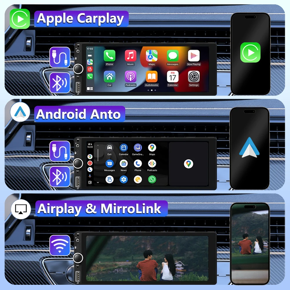 6.86 Inch 1Din Touch Screen Car Multimedia Radio BT Carplay Android Auto USB RDS FM MP5 Player SWC Wireless Mirror Link Video