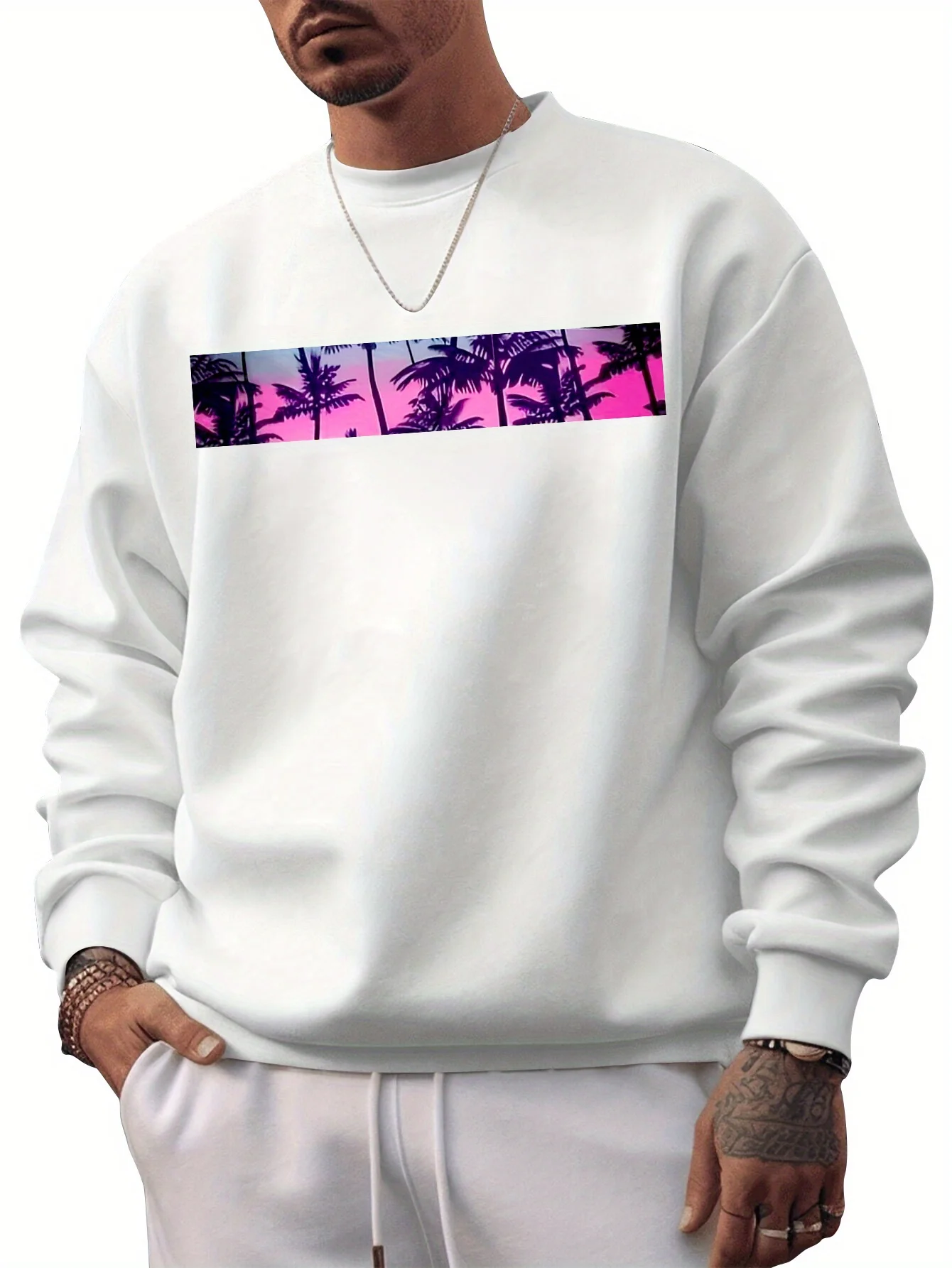 

Мужская толстовка — черная с фиолетовой графикой пальмы, эластичный пуловер с круглым вырезом, моющийся в машине свитер с длинными рукавами для спортзала