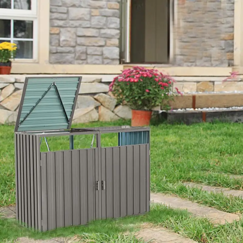 

Outdoor Garbage Bin Shed for 2 Trash Cans, Metal Storage Solution - Galvanized Steel, Grey - Perfect for Garden, Yard, and Lawn