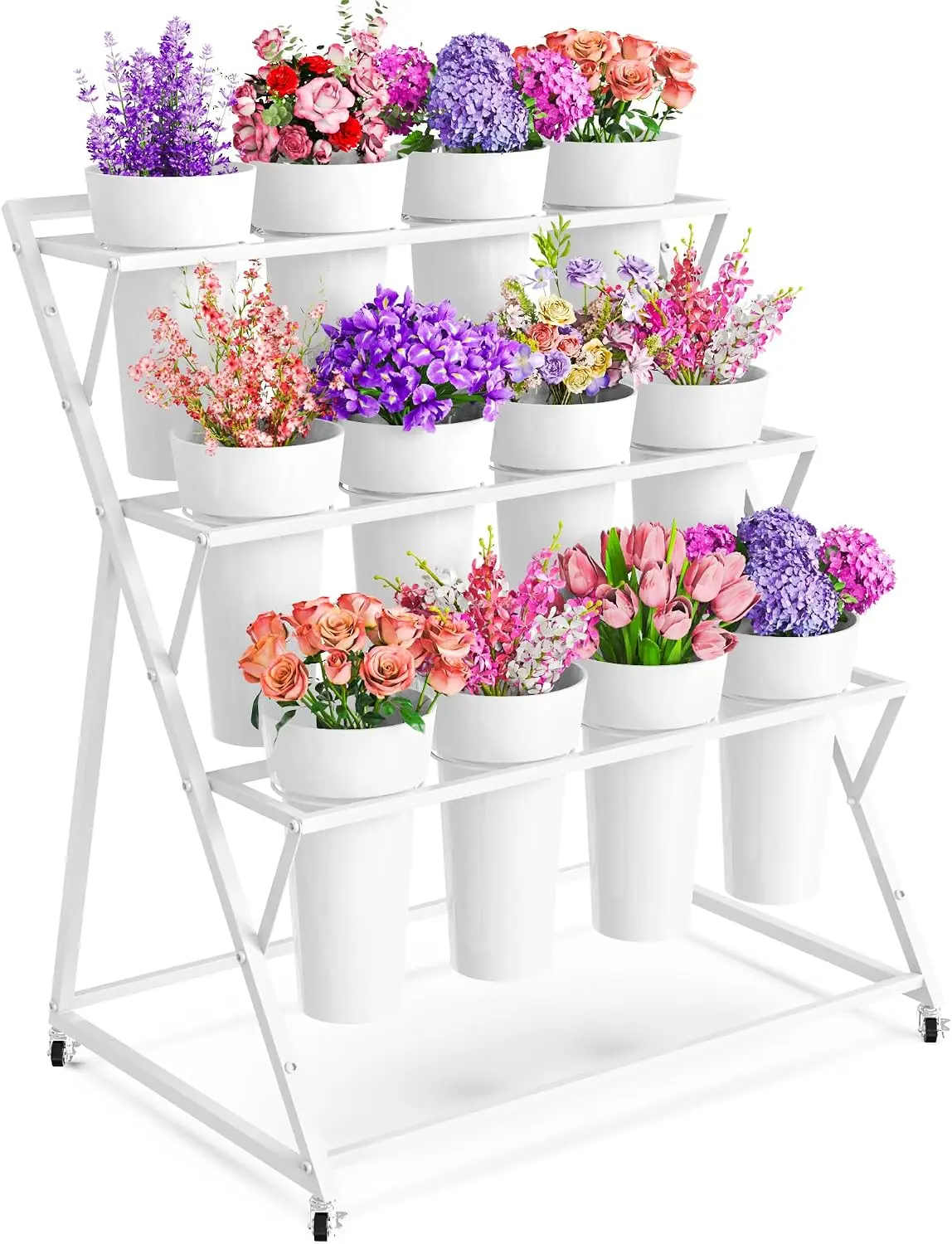 Mobile Flower Display Stand, Multi Tier Plant Bucket Cart With Wheels For Florist Patio Living Room Garden, Heavy Duty Metal Botanical Organizer Rack Stand In White, 1 Pack