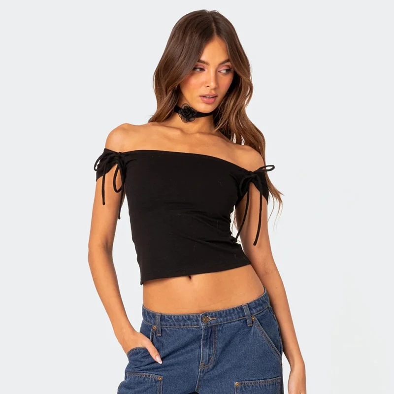 CUTENOVA Women Off Shoulder Crop Tops Sexy Short Sleeve Solid Drawstring T-Shirt Fashion Y2K Streetwear Clubwear Outfit Cropped