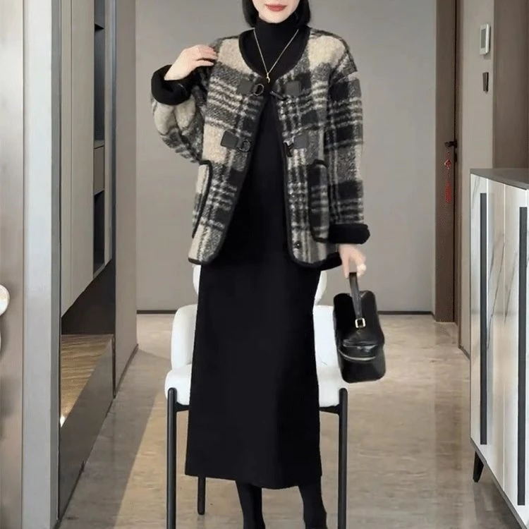 Women Plaid Color Block Lamb Wool Coat Winter Korean Style Loose Warm Fleece Jacket Fashion Outerwear