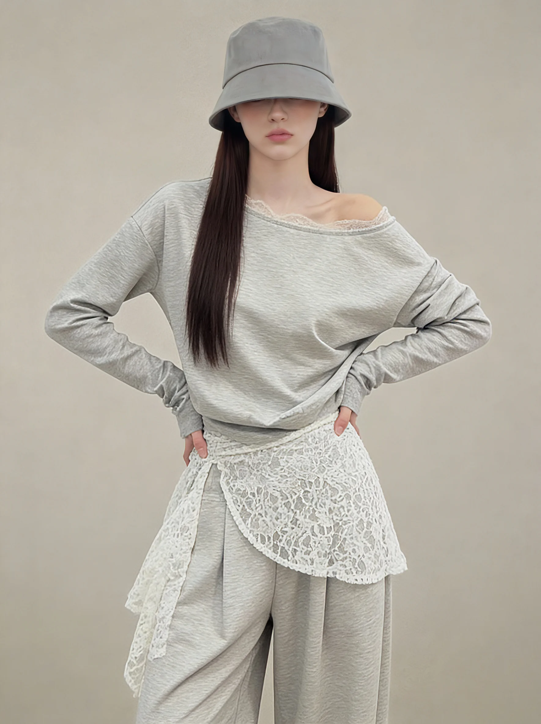

Grey Lace Shoulder Asymmetrical Top Wide Leg Pants Set 2026 New Women's Fashionable Complete Outfit Casual Style Spring Colle...