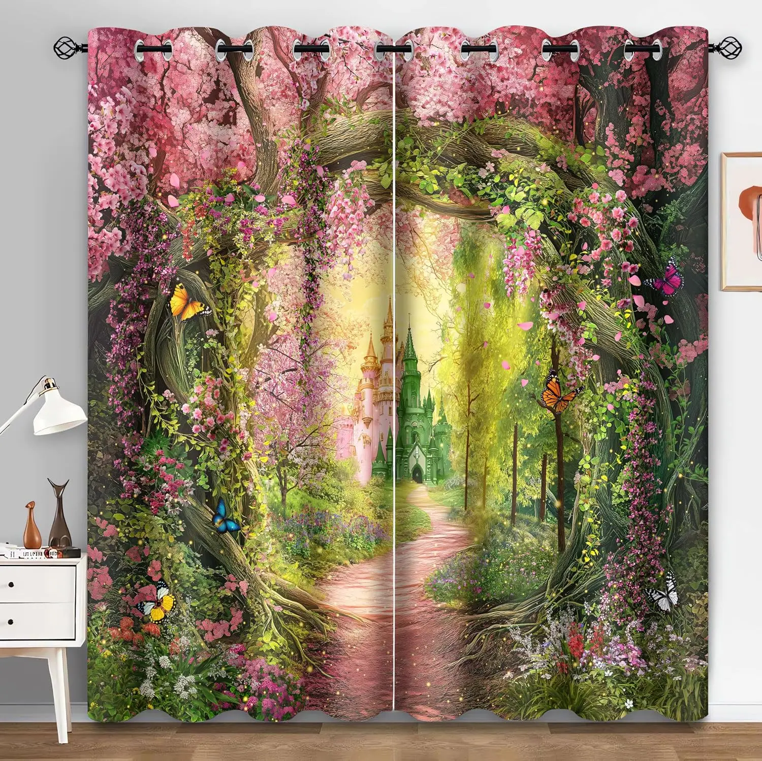 Luxurious Enchanted Forest Floral Curtains Polyester Cottagecore Fairy Garden Window Drapes Pink Floral Pathway Curtain Panels H