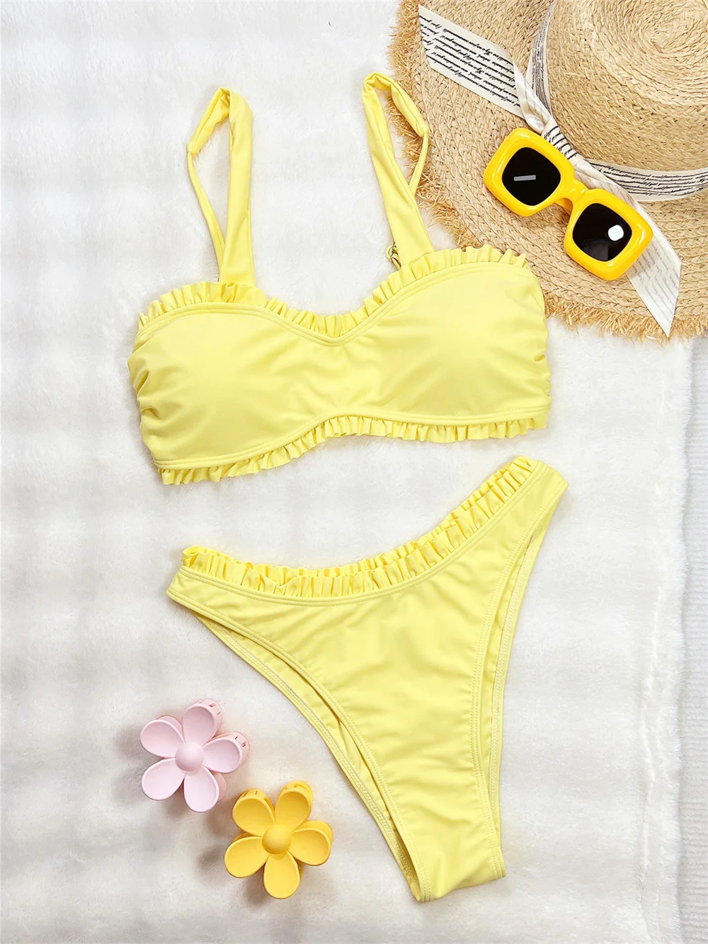 

Kawaii Ruched Border Bikini Push Up Yellow Swimsuit Y2K Swimwears Women High Waist Ruffled Vacation Outfit Bathing Swimming Suit