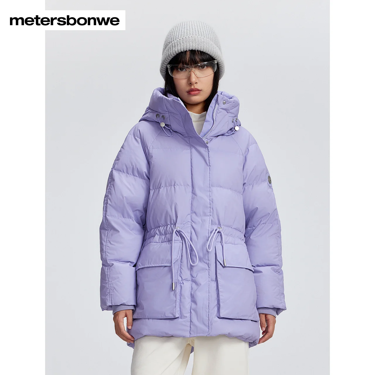 Metersbonwe-Women's Adjustable Waist Drawstring Down Jacket Puffer 85% Duck Down Hooded Design Warm  High Quality Winter