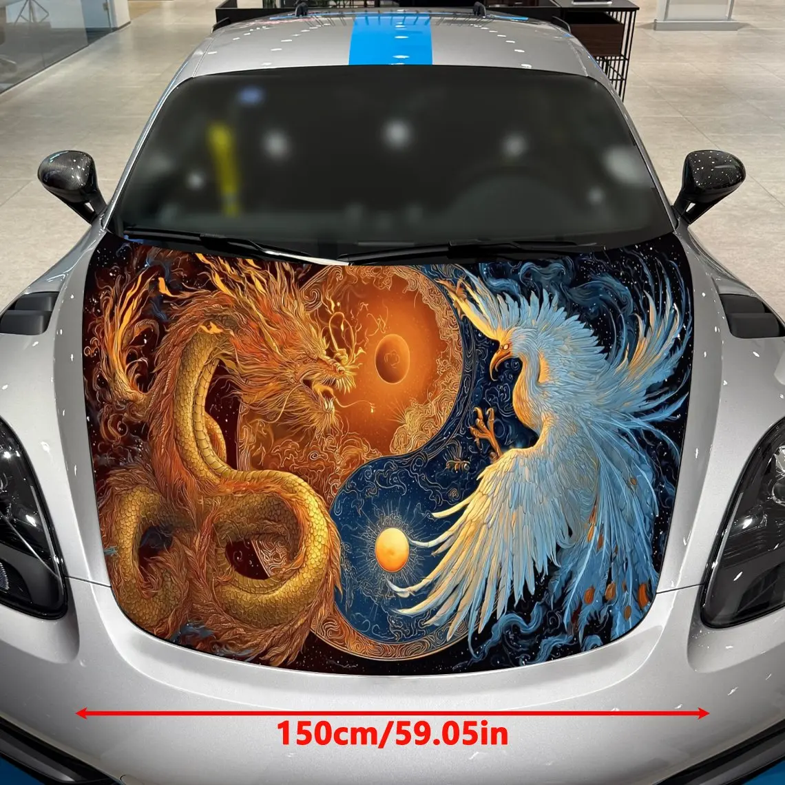 Fiery Dragon and Colorful Phoenix Car Vinyl Wrap, PVC Material Waterproof Car Hood Sticker, Self-Adhesive Scratch-Resistant Stic