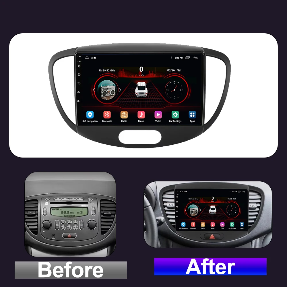 Android 15 For Hyundai i10 2007 - 2013 Car Radio Multimedia Stereo Intelligent Systems Player Navigation GPS CarPlay Screen Auto