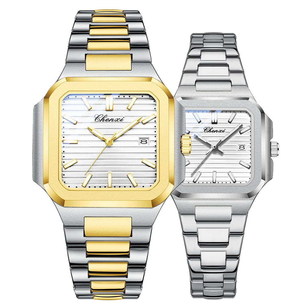 CHENXI Reloj de pareja Oro Plata Moda Casual Hombres Mujeres Relojes Calendario Banda de acero luminosa Relojes de pulsera de cuarzo para parejas