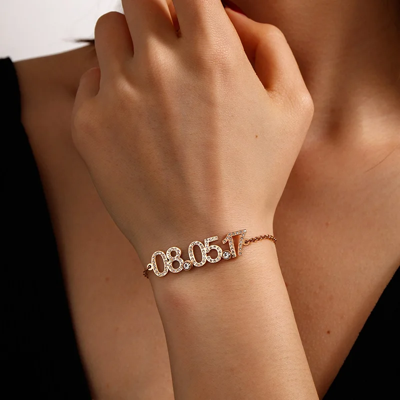 

Nextvance Personalized Sparking Custom Date Bracelet For Women Men Stainless Steel Zircon Wrist Chain Jewelry Christmas Gifts