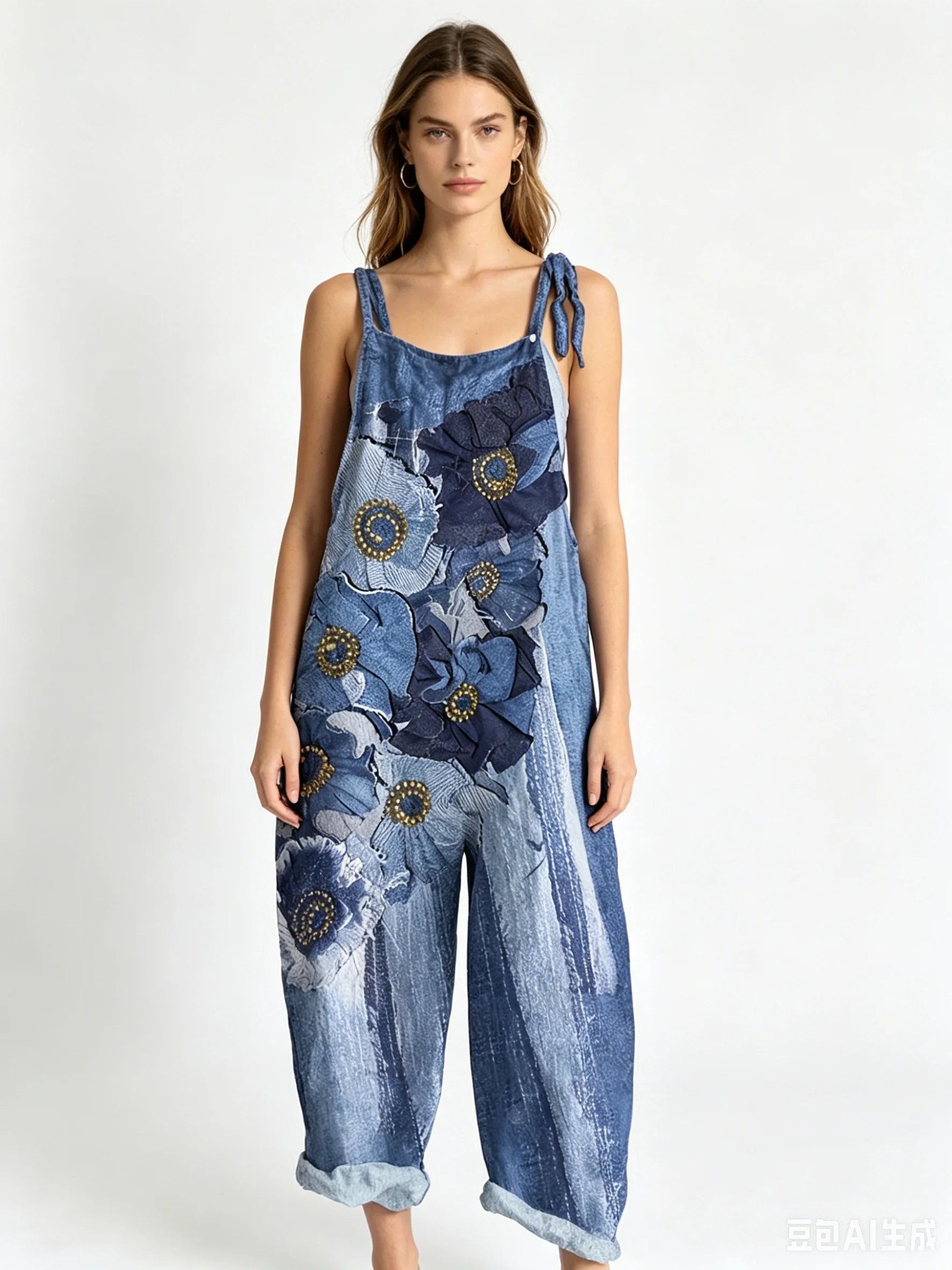 

Vintage Ink Wash Dragonfly Floral Print Thin Strap Jumpsuit Ladies Relaxed Fit Cropped Ruffle Hem Boho Holiday Daily Casual Over