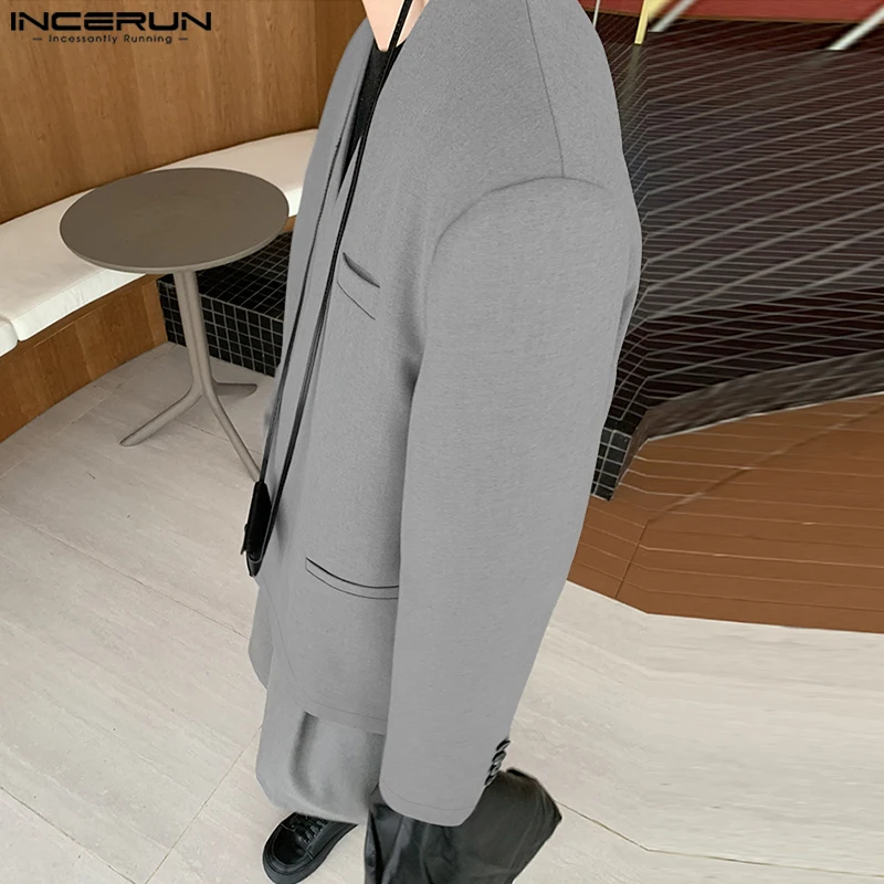 

INCERUN Men Blazer Solid Color V Neck Long Sleeve Fashion Casual Suit Men Streetwear Loose Korean Style Leisure Male Thin Coats