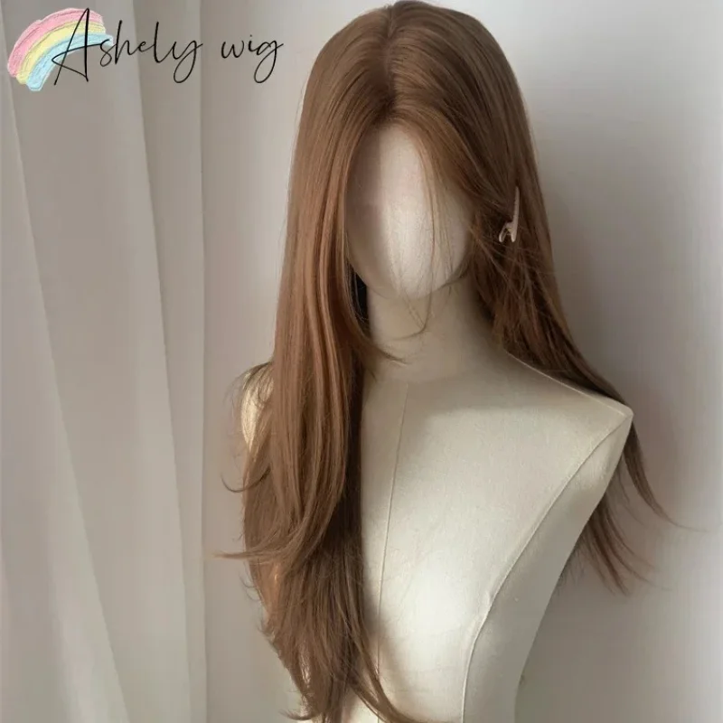 

xiaoxiao Ashely Long Straight Women Honey Brown Front Wig 24inch Lace Frontal Synthetic Wigs for Daily Use Party Si