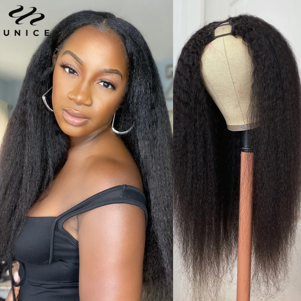 UNice Hair Kinky Straight V-Shaped Part Wig 100% Human Hair V Part Wig No Glue Upgrade U Part Wig 150% Density Beginner Friendly