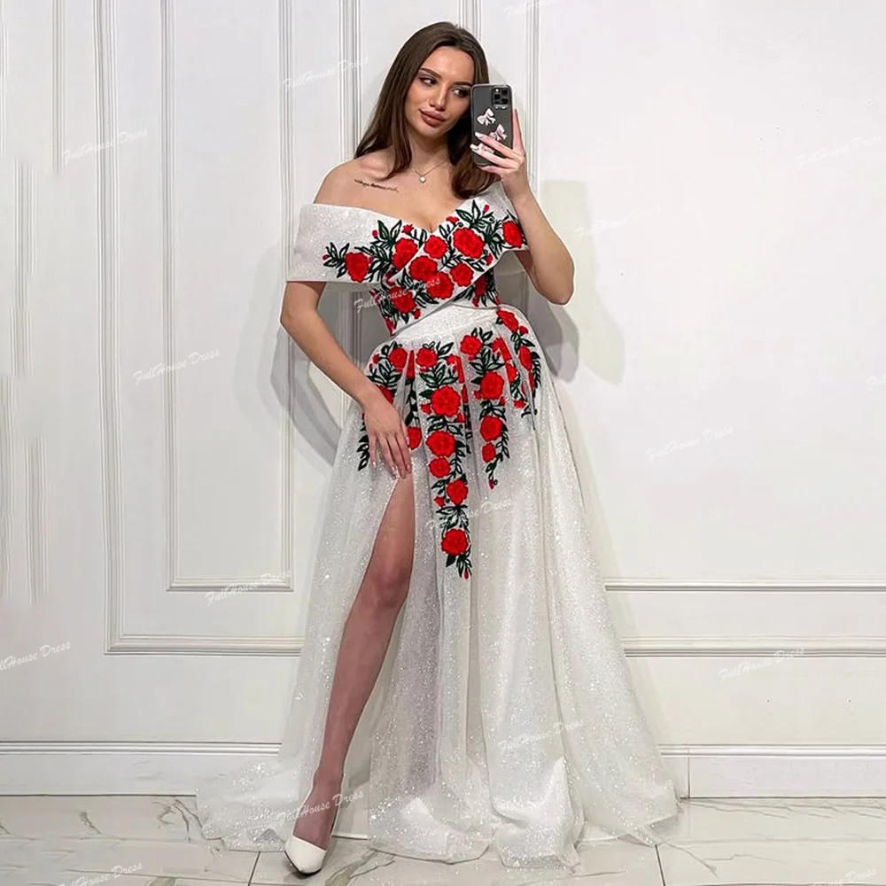 

Customized Elegant Off Shoulder Sequins Shiny Prom Dress A-line Side Split with Floral Appliques Lace Long Party Dress Court