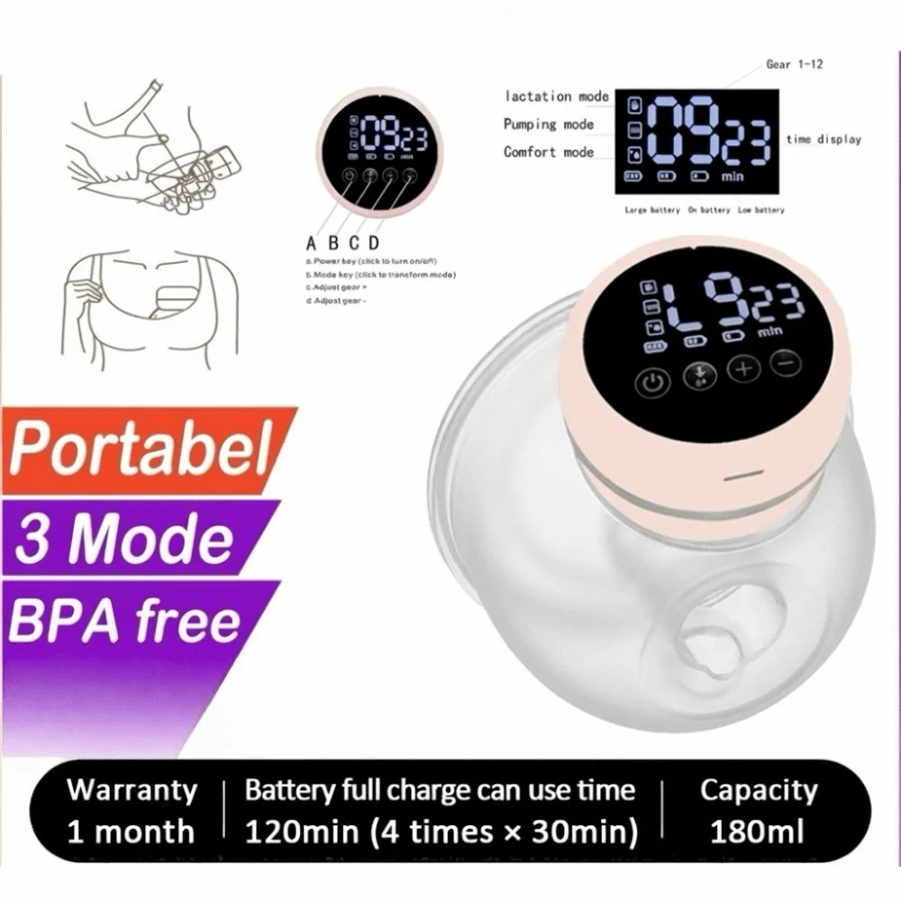 180ML Capacity Electric Breast Pump Intelligent Integrated High Suction Hands Free Breast Pump Massage Painless