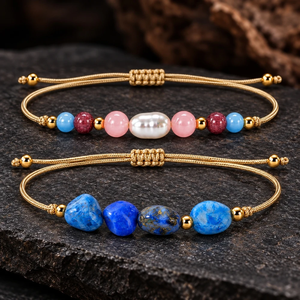 2pcs Women's Adjustable Sliding Knot Beaded Bracelet with Pink Blue Burgundy Round Beads and Central White Oval Bead