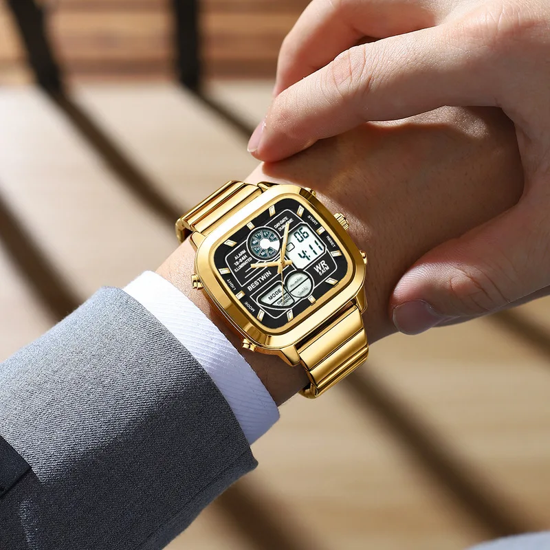 Men's Fashion Multifunctional Electronic Watch Steel Strap Dual Display Waterproof Outdoor Sports Male Wristwatch For Daily Wear