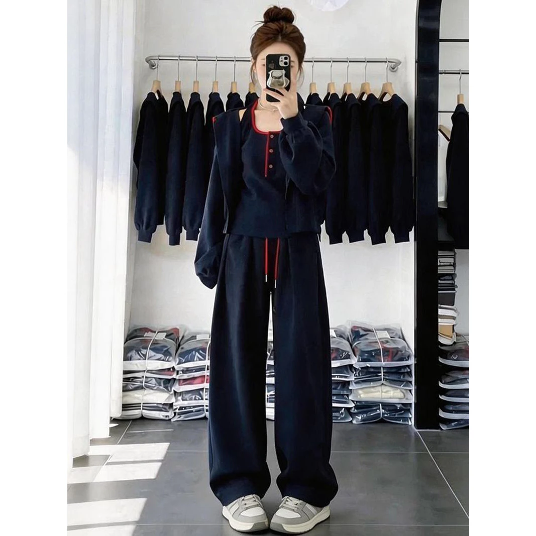 Fashionable Three-Piece Set Women's Wide Leg Pants Vest Cotton Mamba Simulated Cotton Spring Autumn Outerwear Ensemble