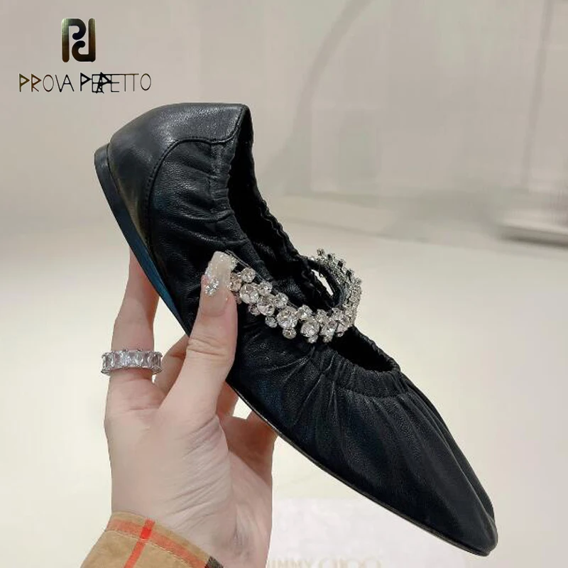 

Flat Ballet Shoes Soft Leather Bling Crystal Strap Slip on Ladies Comfortable Dancing Shoe Squared Toe Wrinkle Leather Mules