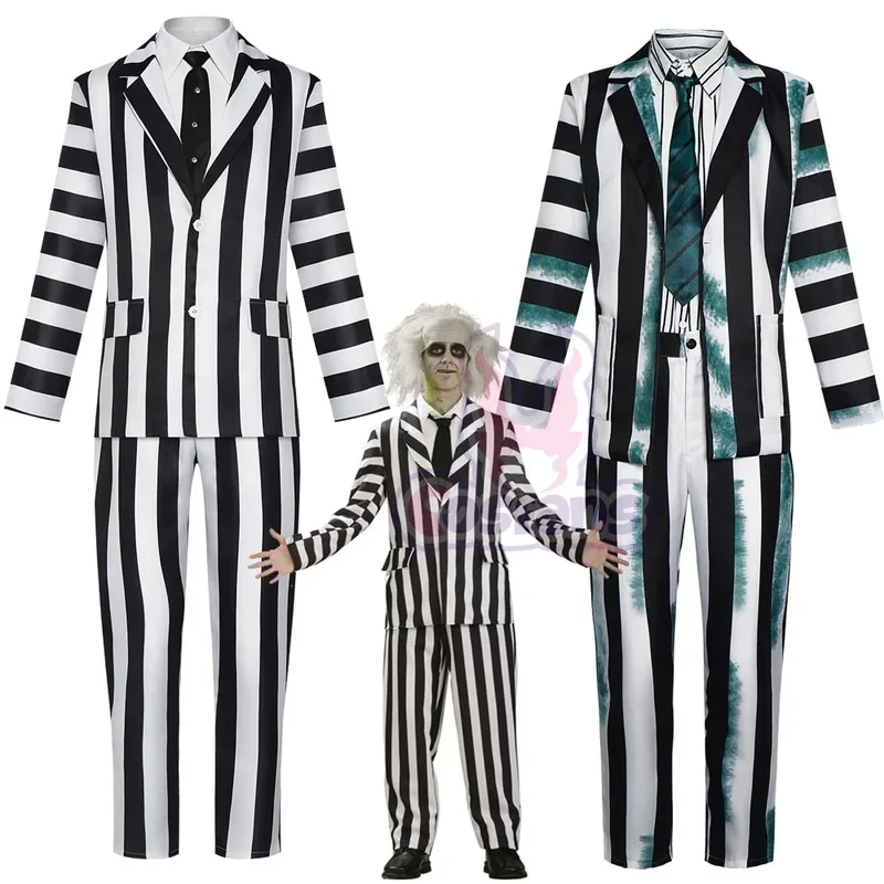 EE01 مايكل كيتون تأثيري حلي تمويه فستان موحد أبيض وأسود مخطط سترة السراويل رجل إمرأة حفلة الهالوين S & 0Ww