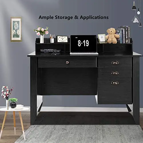 Black Wood Computer Desk with Hutch and Drawers