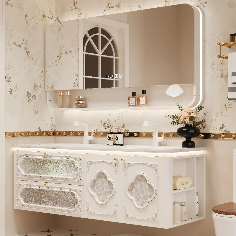 Vintage French Style Solid Wood Bath Vanity Double Wash Basin Set with Heat-Bent Stone Top & Open Storage Mirror Cabinet