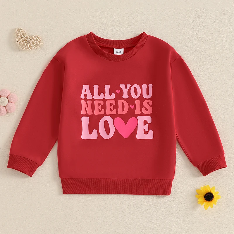 Toddler Baby Girl Valentine Sweatshirts Long Sleeve Round Neck Heart Letter Printed Pullovers Spring Tops