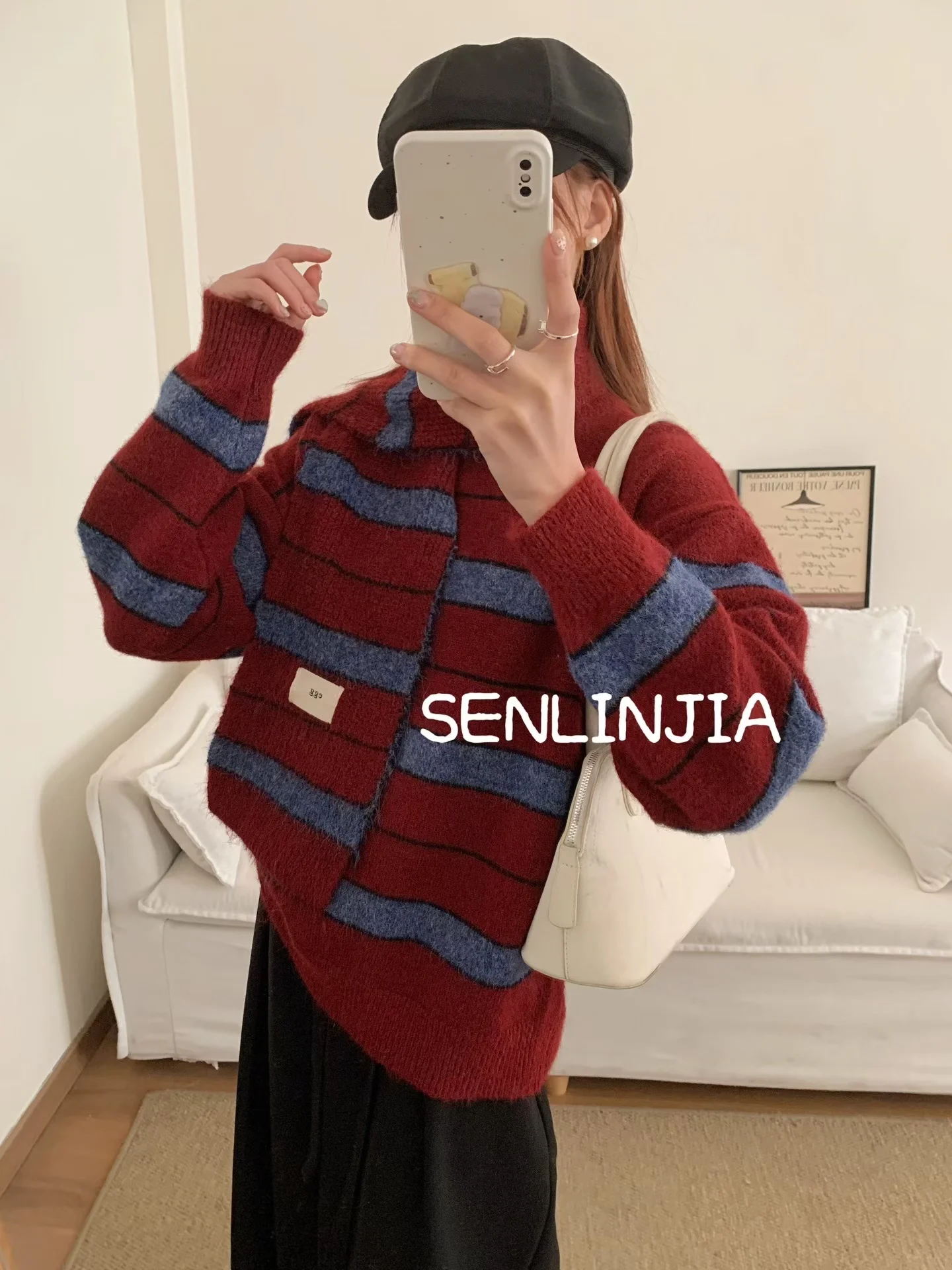 

Retro Red Striped Knitted Sweater round Ne Versatile Top Outerwear for New Year's Celebration Soft Comfortable Warmth