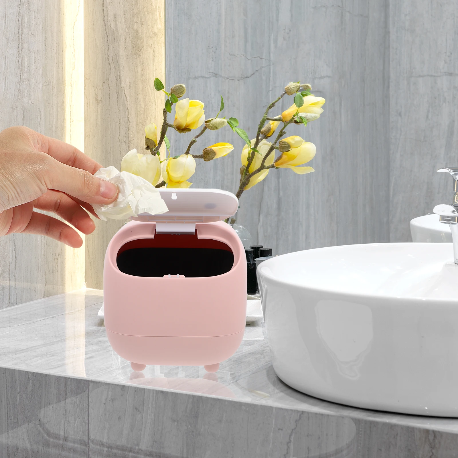 

Mini Trash Can with Lid Desktop Cans Small Trashcan Garbage for Bedroom Miniature Office