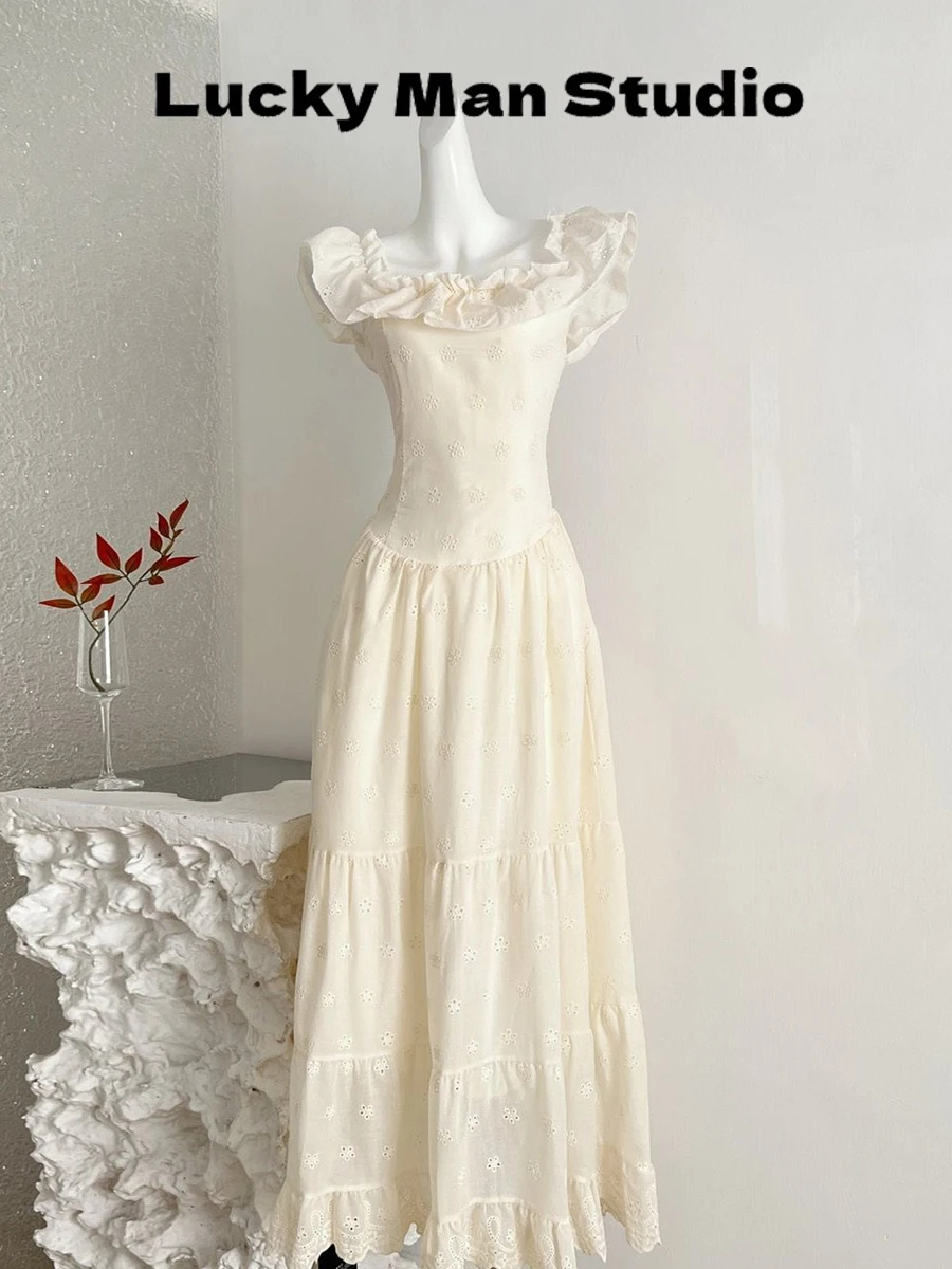 

Luckymann Sweet Tea Brulee Strapless Dress Women's Summer White Beach Tindal Skirt Pure Desire Style No Sleeve Polyester Fiber