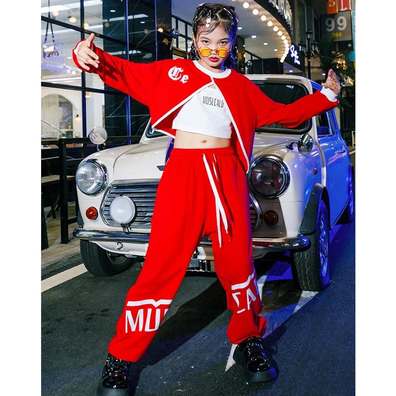 2023 Jazz Dance Costumes For Girls Red Crop Tops Loose Pants Suit Children Clothing Ballroom Hip Hop Dance Rave Clothes DQL8757