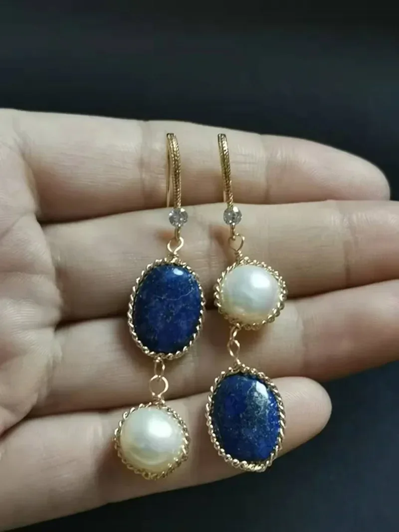 FXLRY Original Handmade Natural Baroque Pearl Lapis Lazuli Asymmetric Gold-Plated Long Earrings For Women Jewelry