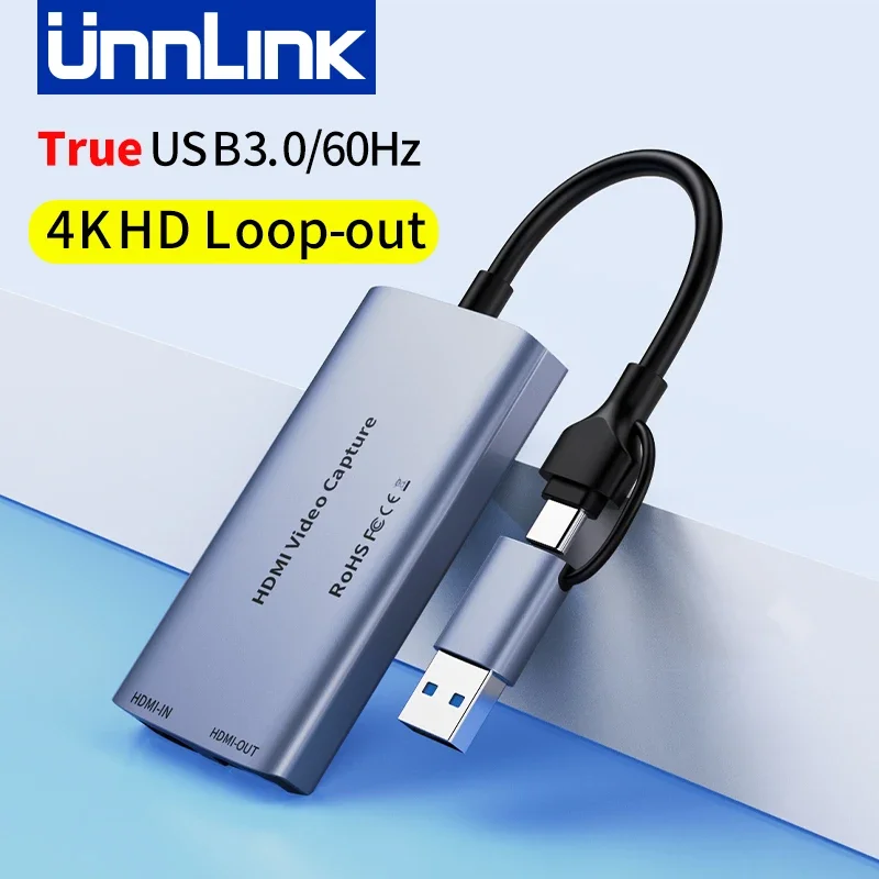 Unnlink-HDMI Video Capture Card, Loop Out, Gravação de jogos, Live Streaming, 1080P, USB 3.0, Type-C Grabber para PS4, 5 Switch, 4K